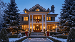 Magical Outdoor Christmas Decor: Transform Your Home into a Festive Wonderland A majestic craftsman-style home at twilight, adorned with warm LED lights, red velvet bows, and lush garlands, featuring a dramatic low-angle view with snow-dusted steps and twinkling lights amidst gentle snowfall.