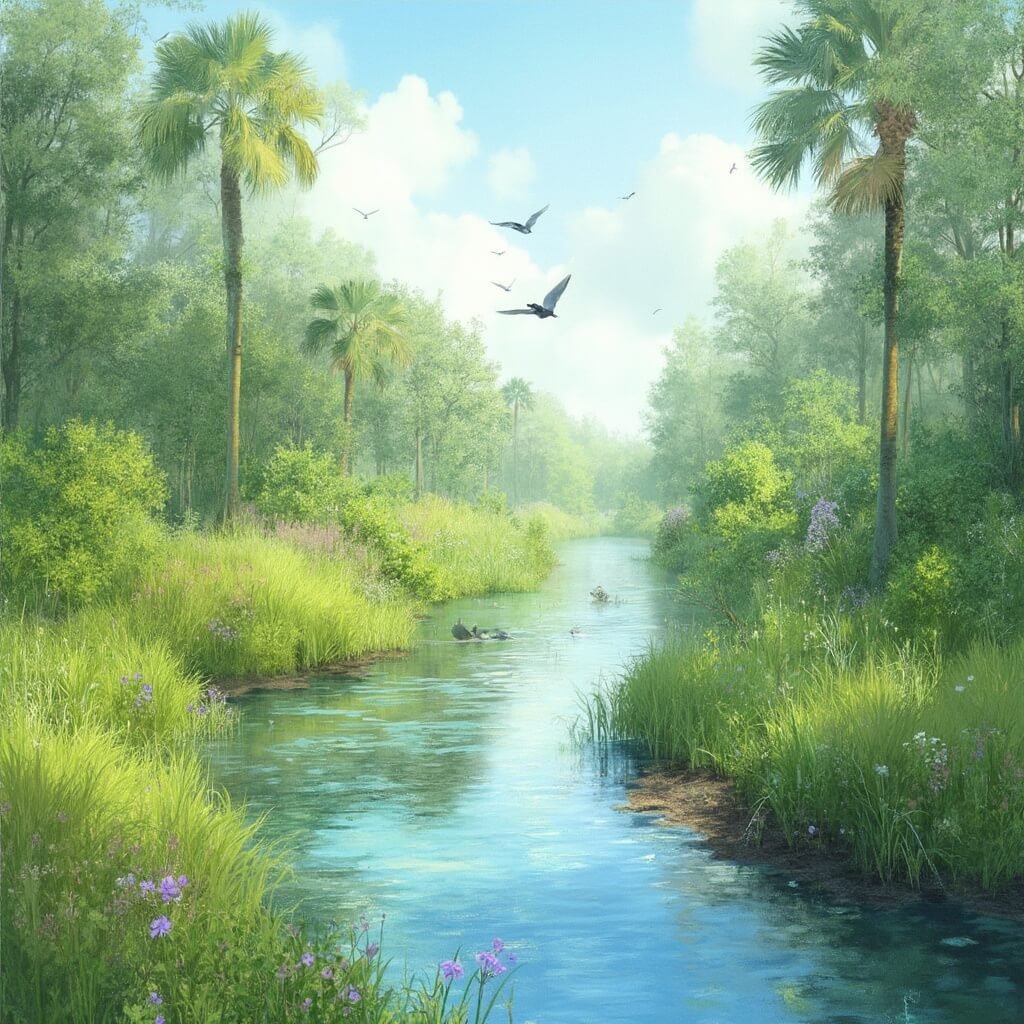 Watercolor-like image of Grassy Waters Preserve in early spring, showcasing lush vegetation, kayak trails, native Florida birds, and sunlight filtering through tropical foliage