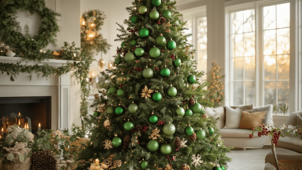 Green Christmas Tree Decorations: A Stylish & Sustainable Holiday Guide Cinematic wide-angle shot of an elegant living room during golden hour, featuring a beautifully decorated 8-foot Fraser fir Christmas tree with eco-friendly ornaments, surrounded by warm sunlight and rich textures.