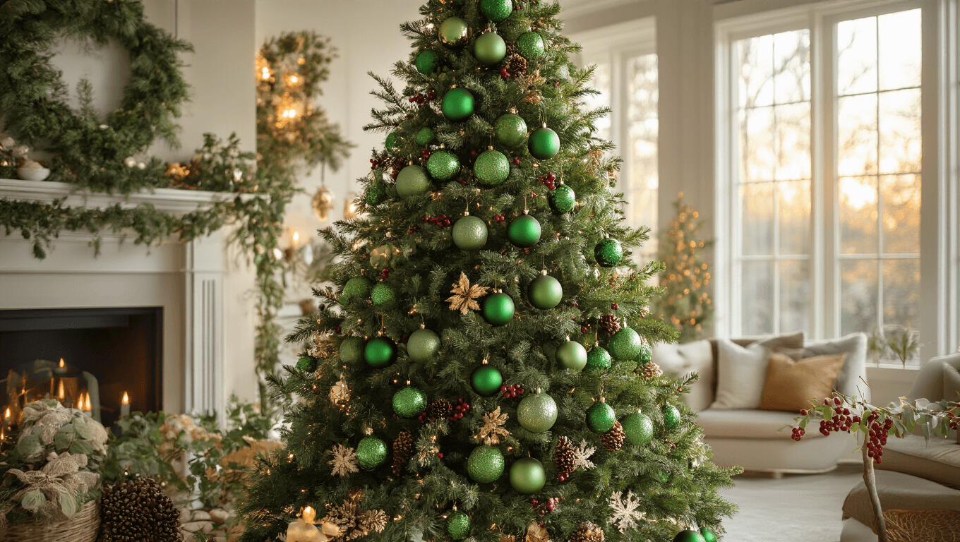 Cinematic wide-angle shot of an elegant living room during golden hour, featuring a beautifully decorated 8-foot Fraser fir Christmas tree with eco-friendly ornaments, surrounded by warm sunlight and rich textures.