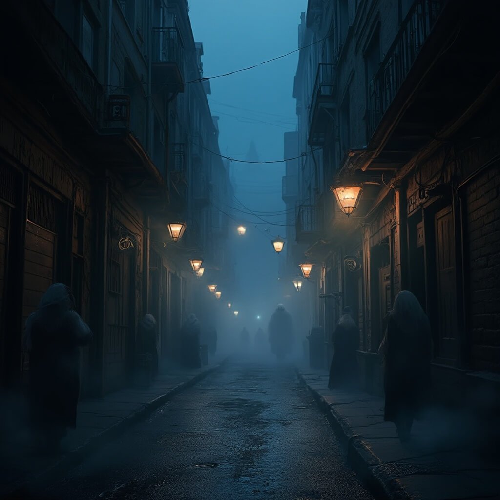 Misty Halloween night on historic Worth Avenue, highlighted by eerie street lamp lighting and ghostly figures in vintage architectural backdrop