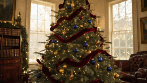 Create a Magical Harry Potter Christmas Tree: A Wizard's Guide to Festive Home Decor A close-up of a majestic Fraser fir Christmas tree in a Victorian living room, adorned with Gryffindor red velvet ribbons, golden Snitch ornaments, and navy blue and amber glass baubles, illuminated by warm fairy lights and golden hour sunlight, creating a cozy, enchanting atmosphere.