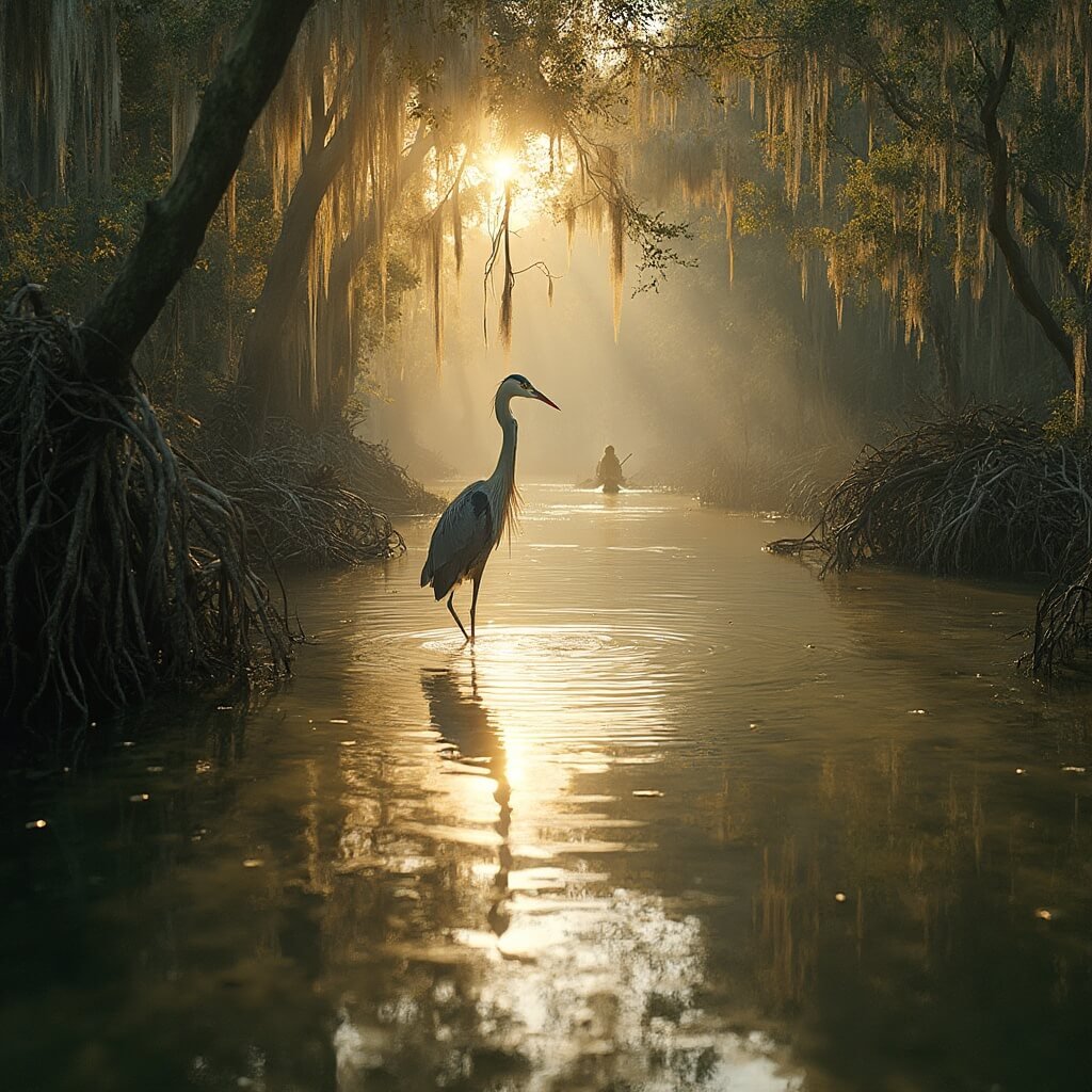 Great Blue Heron in serene wetland at golden hour with mangrove trees, kayak in background, and sunlight filtering through Spanish moss creating reflections in water