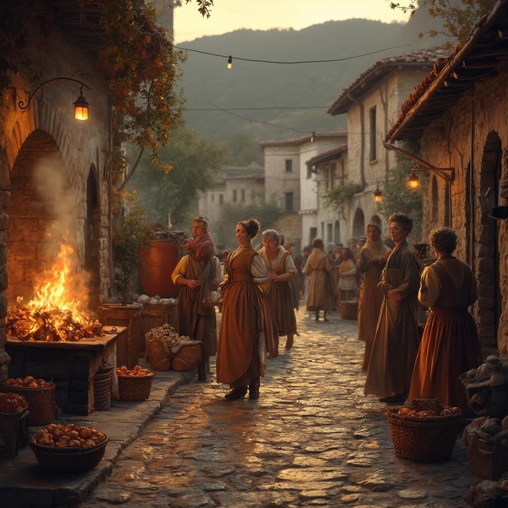 Naples in October: Your Ultimate Off-Season Mediterranean Escape Autumn harvest festival in a rustic Italian village with local families roasting chestnuts on open fires, elderly women in traditional attire interacting with children, stone buildings lining cobblestone streets, baskets filled with chestnuts and smoke rising into the night air, vineyard-covered hills in the background