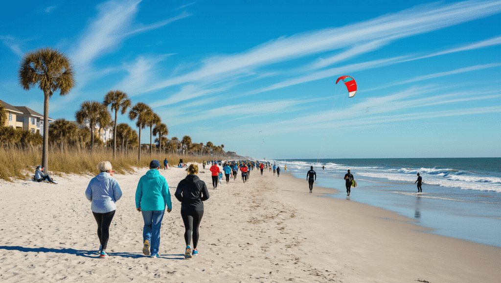 Escape the Frozen North: Why Jacksonville Beach in February is Your Ultimate Winter Retreat "Jacksonville Beach in February with people in light jackets walking and marathon runners jogging along the shoreline, surfers in the ocean, and a kite flying in the clear blue sky."
