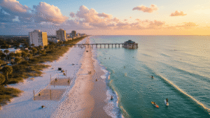 "Aerial view of Jacksonville Beach at golden hour in September, featuring volleyball players, paddleboarders, walkers, Jacksonville Beach Pier, swaying palm trees, and beachfront restaurants, under a sky of pink-tinged cumulus clouds"