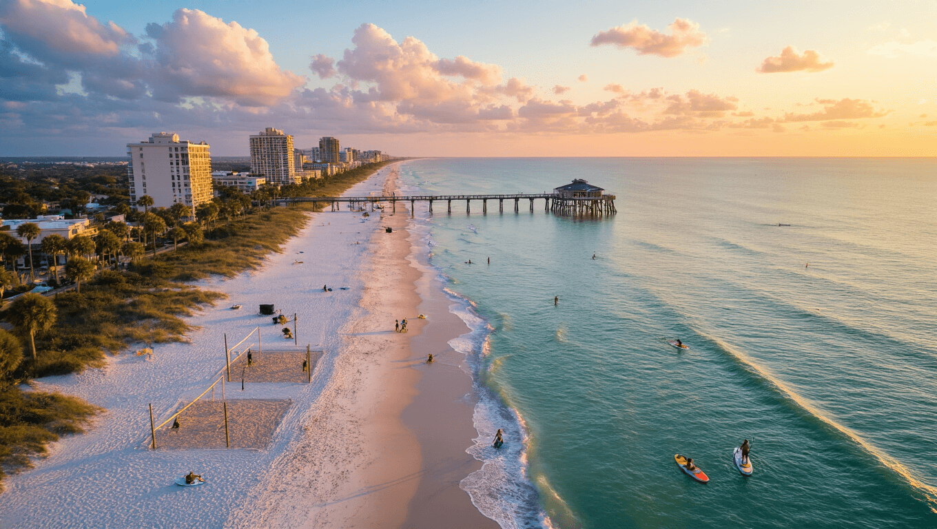 "Aerial view of Jacksonville Beach at golden hour in September, featuring volleyball players, paddleboarders, walkers, Jacksonville Beach Pier, swaying palm trees, and beachfront restaurants, under a sky of pink-tinged cumulus clouds"