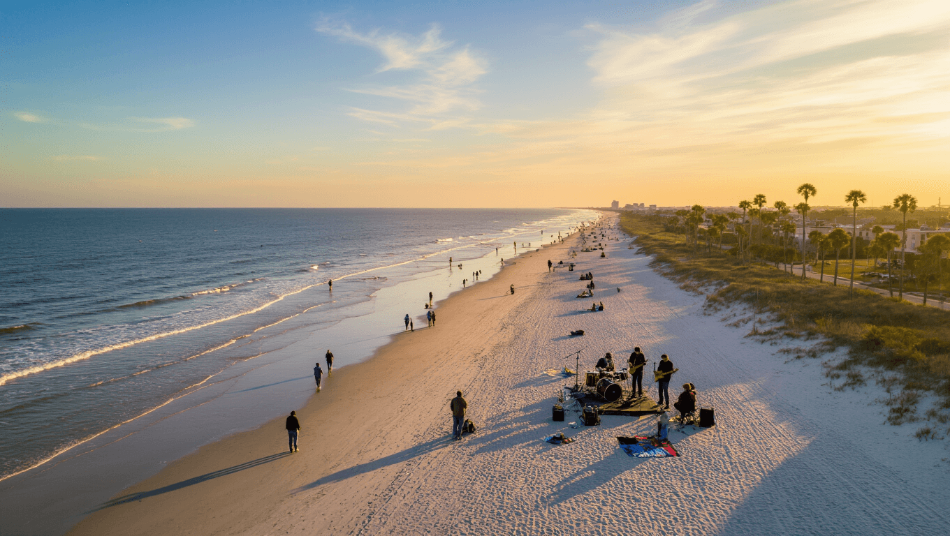 "Aerial view of Jacksonville Beach at sunset in March with sparse crowd, local musicians at a blues festival, palm trees, and a cloudy blue sky"