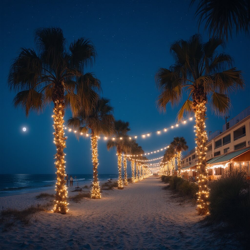 Jacksonville Beach in November: Your Ultimate Guide to Coastal Bliss (Without the Summer Crowds!) Holiday lights decorating palm trees at Jacksonville Beach during nighttime with gentle waves and a starry sky in the background