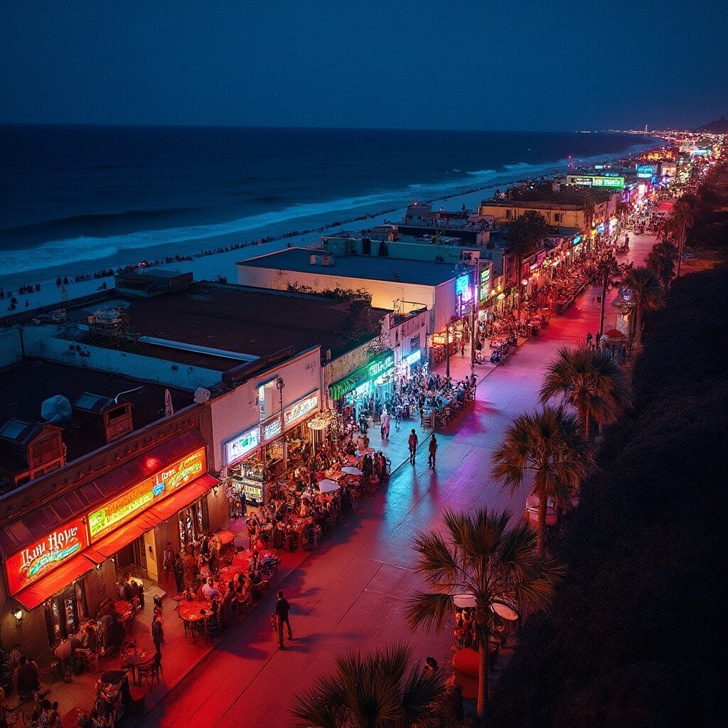 Jacksonville Beach in September: Your Ultimate Insider's Guide to Florida's Hidden Paradise Aerial view of Jacksonville Beach nightlife with neon-lit bars and clubs, people socializing on patios, and palm trees lining the streets against a backdrop of the dark ocean.