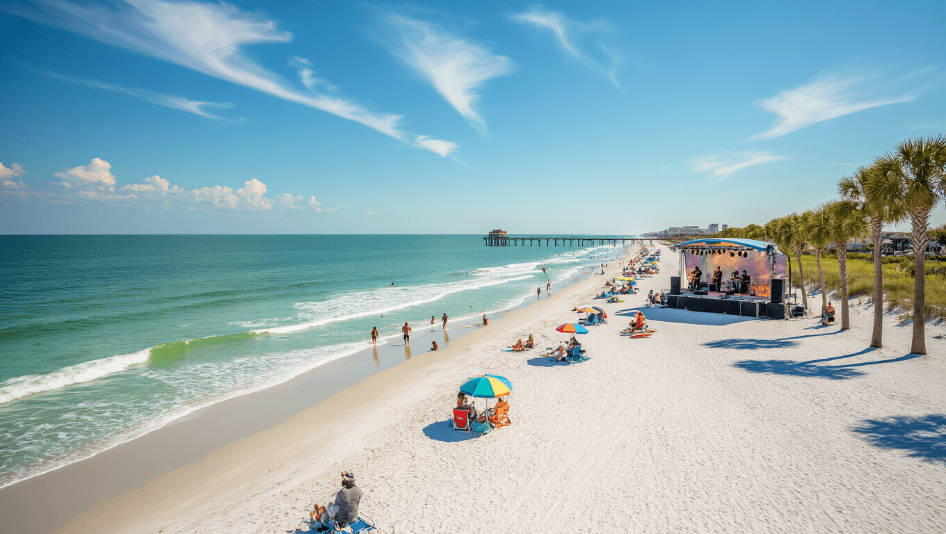 "Panoramic view of Jacksonville Beach during Springing the Blues Festival in spring, with musicians on stage, beachgoers, surfers, fishermen on the pier, palm trees, white sand and turquoise waves."