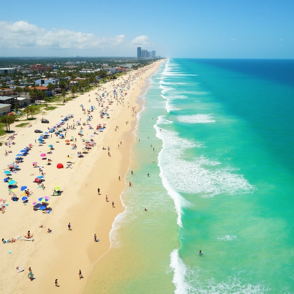 Scorching Secrets of Jacksonville Beach: Why July is Your Ultimate Summer Paradise Panoramic view of Jacksonville Beach with beachgoers, surfers, palm trees, and colorful umbrellas on a sunny July day