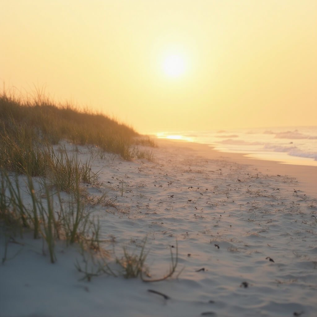 Sunrise over Jacksonville Beach with sand dunes, native vegetation, and shorebirds like least terns and piping plovers, with misty ocean horizon in soft focus, no humans in sight