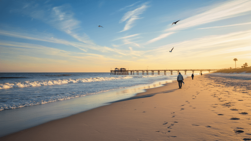 Why Jacksonville Beach in January Might Just Be Your Perfect Winter Escape "Jacksonville Beach at sunrise in January with golden light, long shadows, a lone surfer, seabirds and few people walking the shoreline, Jacksonville Beach Pier extending into the ocean"