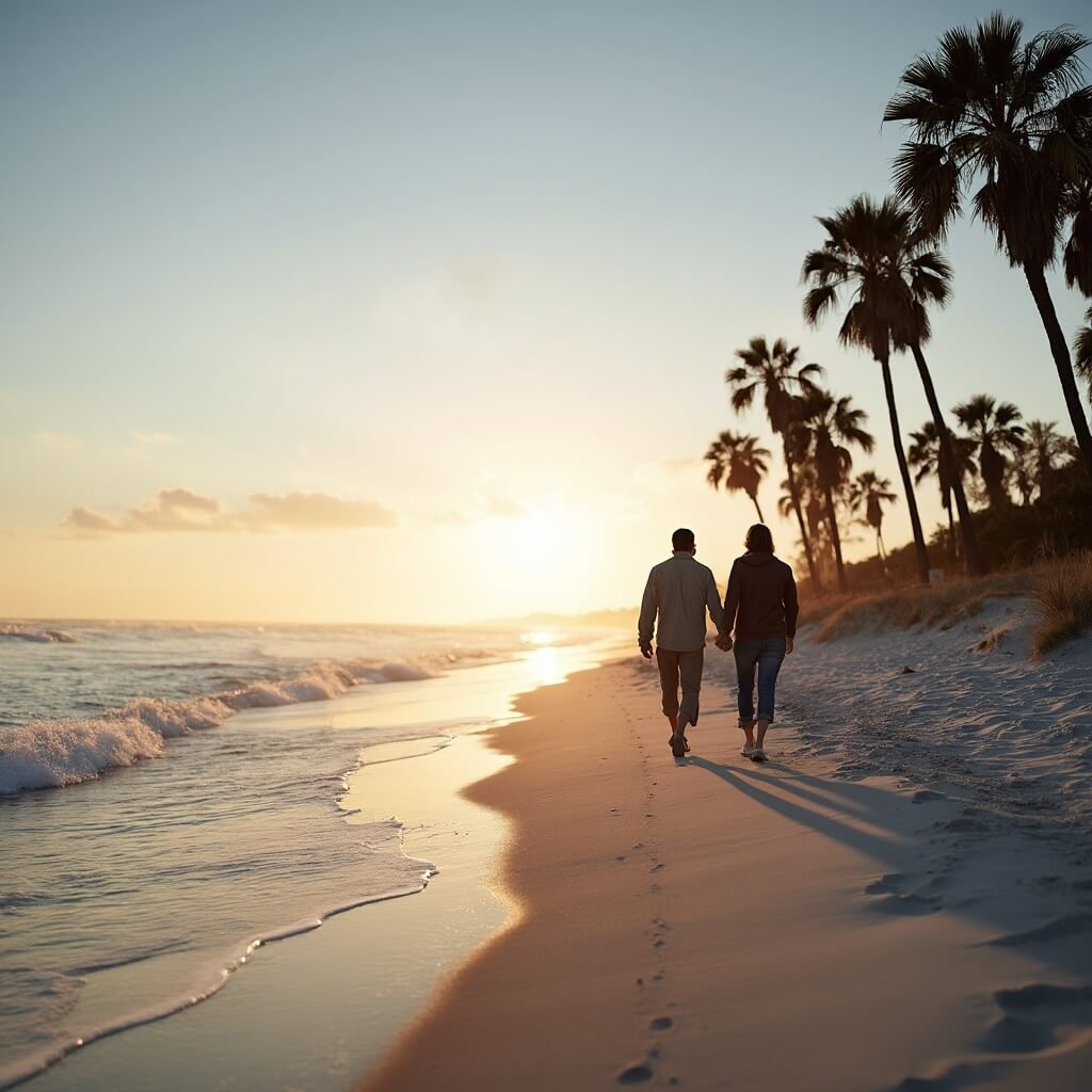 March Magic: Why Jacksonville Beach Is Your Secret Spring Escape (Without the Crowds!) Couple walking on nearly empty Jacksonville Beach at sunset in March, under a clear sky with wispy clouds and gentle waves, flanked by swaying palm trees