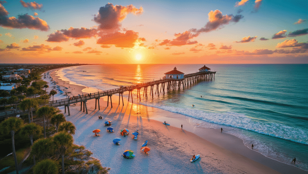 Sizzling Summer Secrets: Your Insider's Guide to Jacksonville Beach in June "Jacksonville Beach at sunset with colorful umbrellas, palm trees, surfers, paddleboarders, volleyball players, and iconic pier stretching into turquoise ocean, under a sky of orange and pink hues."