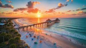 "Jacksonville Beach at sunset with colorful umbrellas, palm trees, surfers, paddleboarders, volleyball players, and iconic pier stretching into turquoise ocean, under a sky of orange and pink hues."