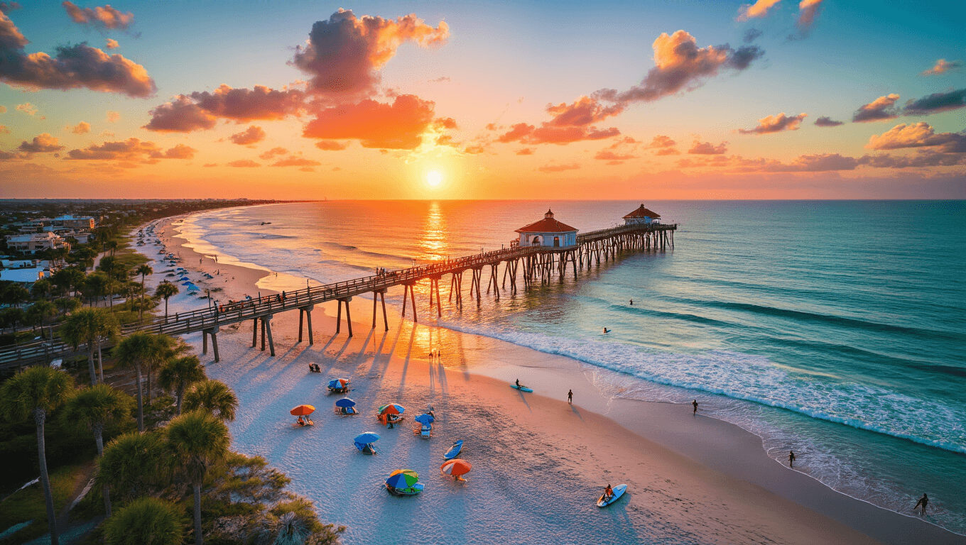 "Jacksonville Beach at sunset with colorful umbrellas, palm trees, surfers, paddleboarders, volleyball players, and iconic pier stretching into turquoise ocean, under a sky of orange and pink hues."