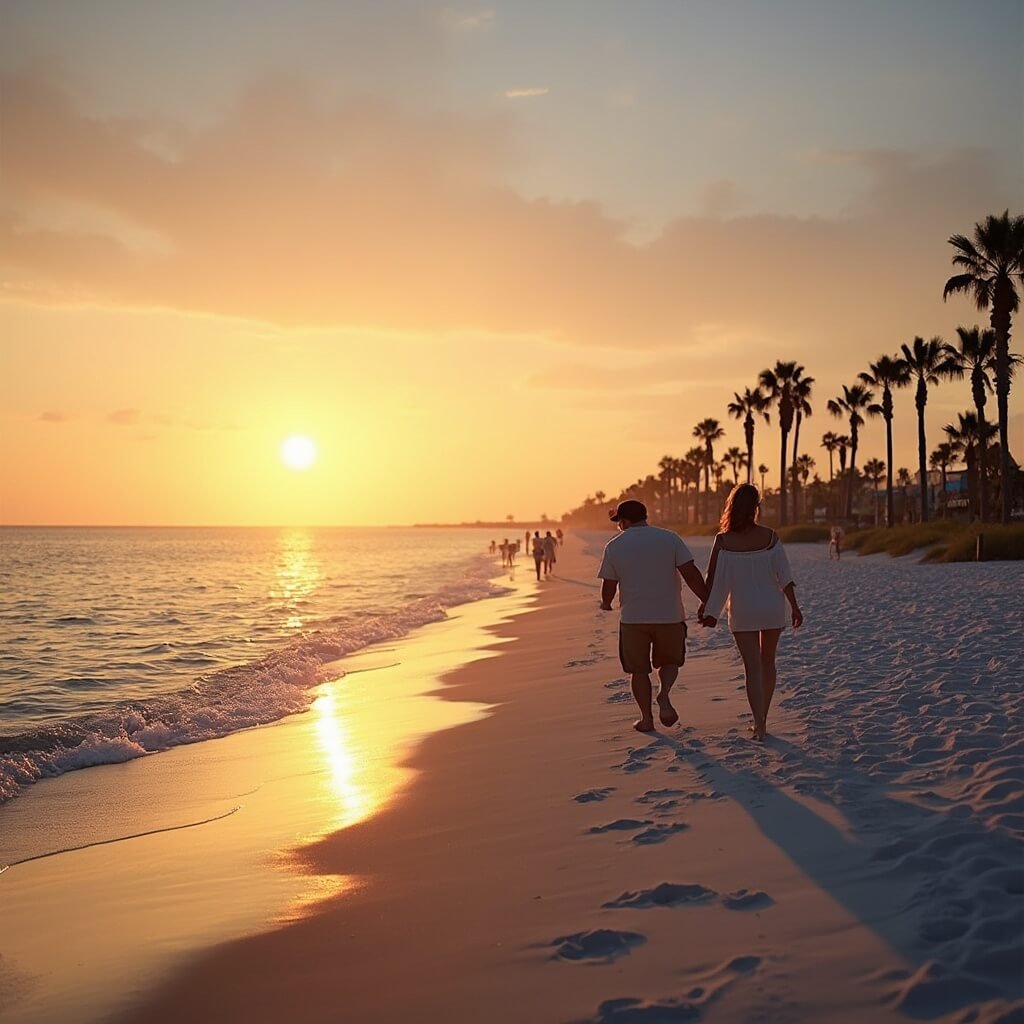 Why Jacksonville Beach in October is Your Secret Slice of Paradise (And Why Tourists Haven't Caught On Yet) Jacksonville Beach at sunset in October, illuminated by golden light with few beachgoers, swaying palm trees, and a sky painted in warm colors; couple walking along the water's edge.