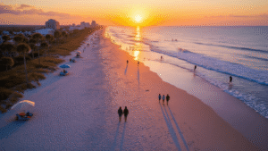 "Jacksonville Beach at sunset in November, showing couples walking, surfers in distance, people playing volleyball, beach umbrellas scattered along the shore, and a temperature gauge reading 72°F"