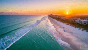 "Panoramic aerial view of Jacksonville Beach at sunset, with scattered beachgoers, rolling waves, swaying palm trees, sea turtle nests, and oceanfront buildings reflecting the sunset. Adventure Landing park visible in the distance."