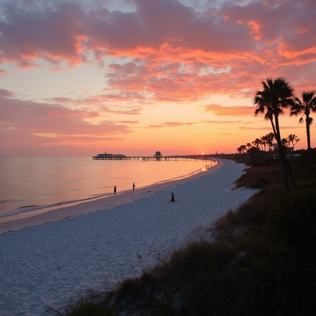 Panoramic sunset view of Jacksonville Beach with silhouetted beachgoers, swaying palm trees, and the distinct Sea Walk Pavilion against a vibrant orange and pink sky