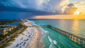 "Aerial view of Jacksonville Beach at sunset featuring iconic pier, surfers, families on shoreline, beachfront restaurants, hotels, and incoming tropical storm clouds."