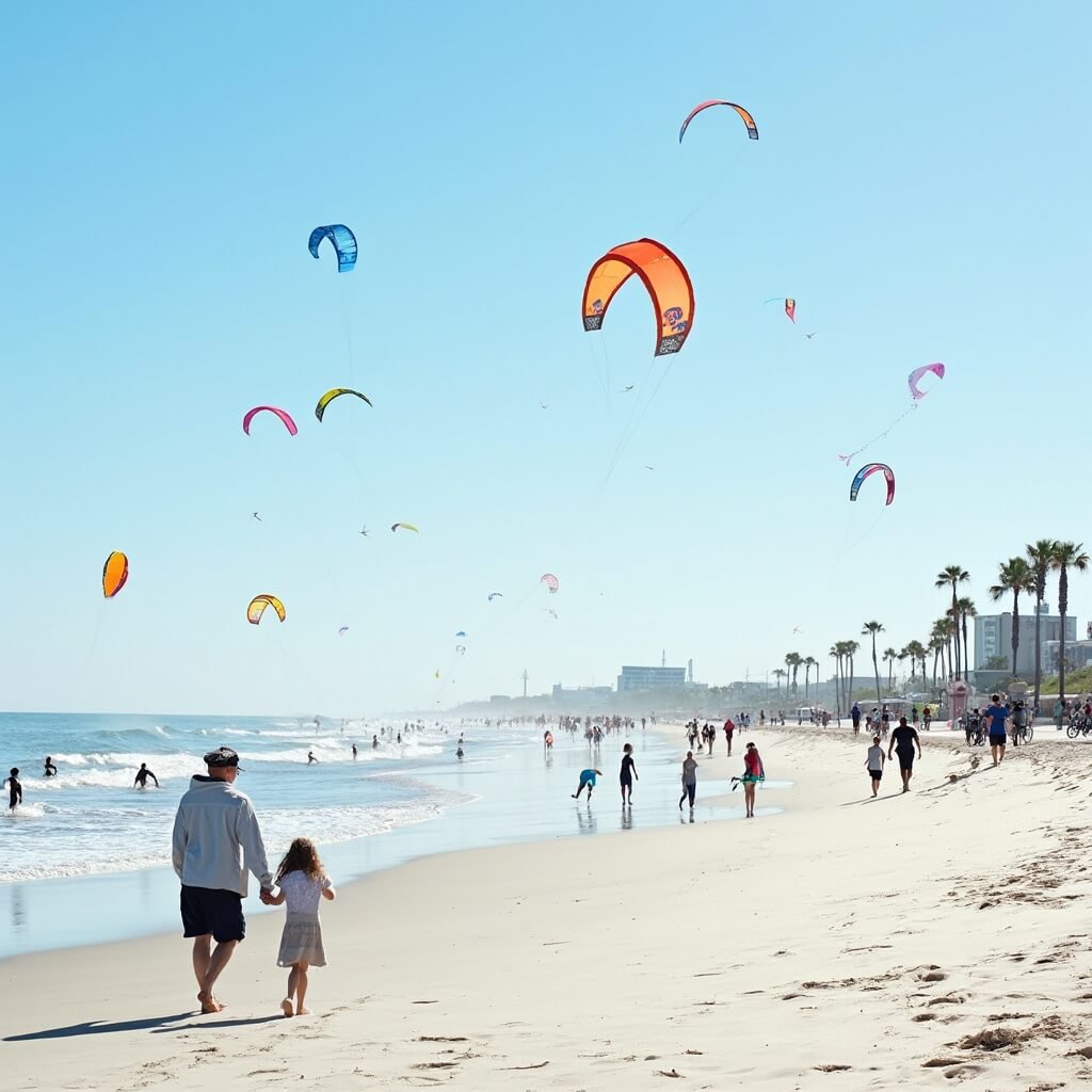 A couple strolling on Jacksonville Beach, colorful kites in the sky, surfers riding waves and people exercising on a palm tree-lined boardwalk on a sunny February day.