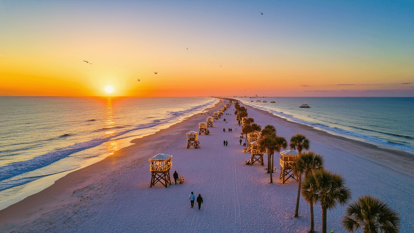 "Decorated lifeguard chairs and holiday boats adorn Jacksonville Beach at sunset in December, with palm trees, shoreline strollers, and golden reflections on ocean waves."
