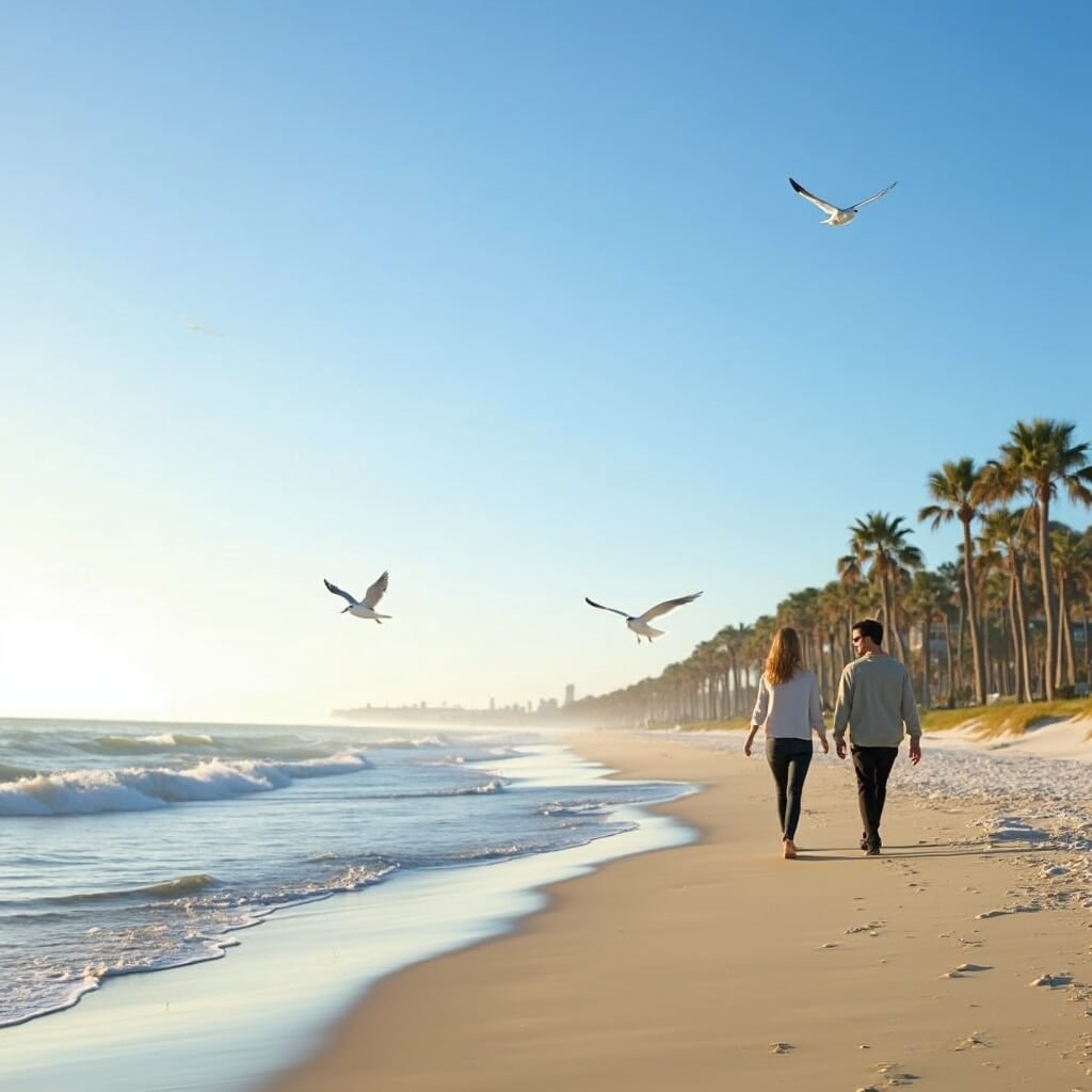 Chill Out in Paradise: Why Jacksonville Beach is Your Secret December Escape Couple strolling on a near-empty Jacksonville Beach in December with gentle waves, palm trees, seagulls, and long shadows on golden sand under a clear blue sky