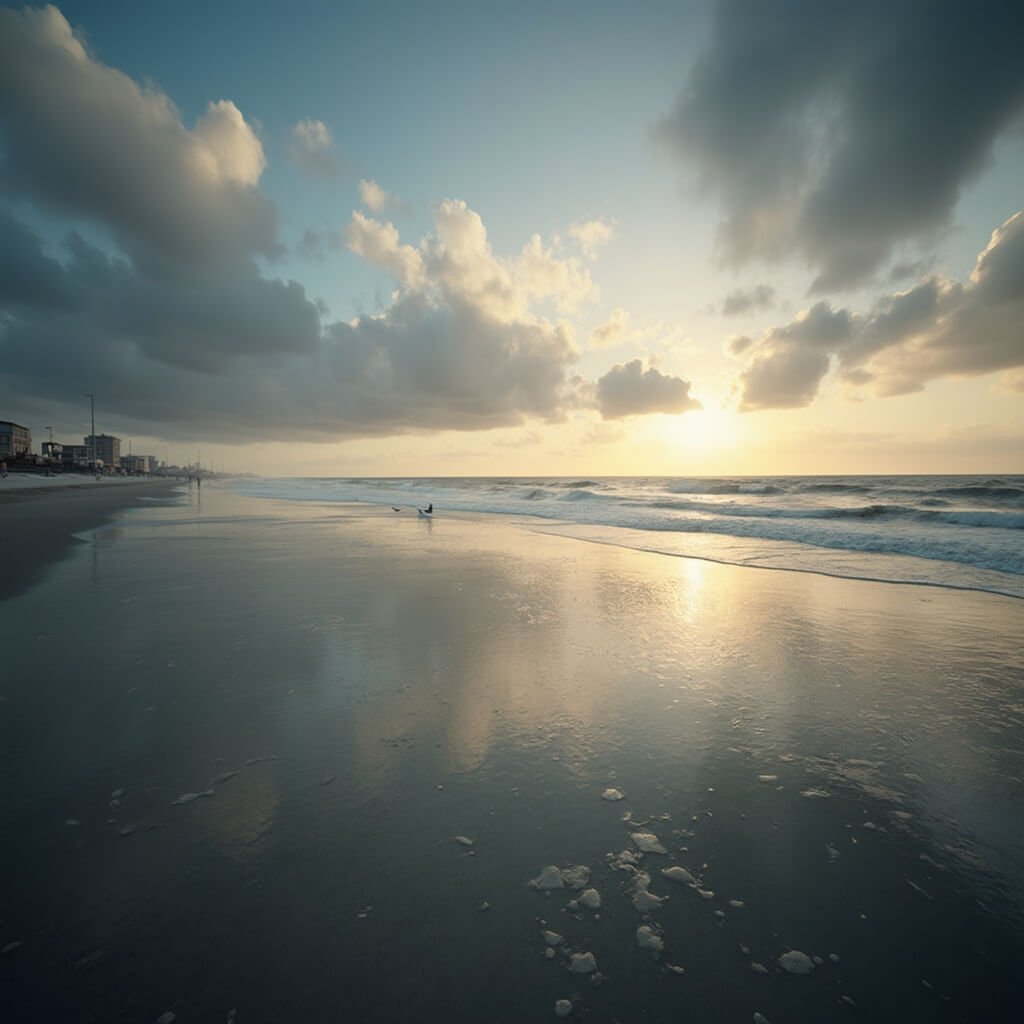 Winter sunrise over Jacksonville Beach with long shadows on wet sand, distant dolphin pod in the sea, and desaturated colors for a moody look