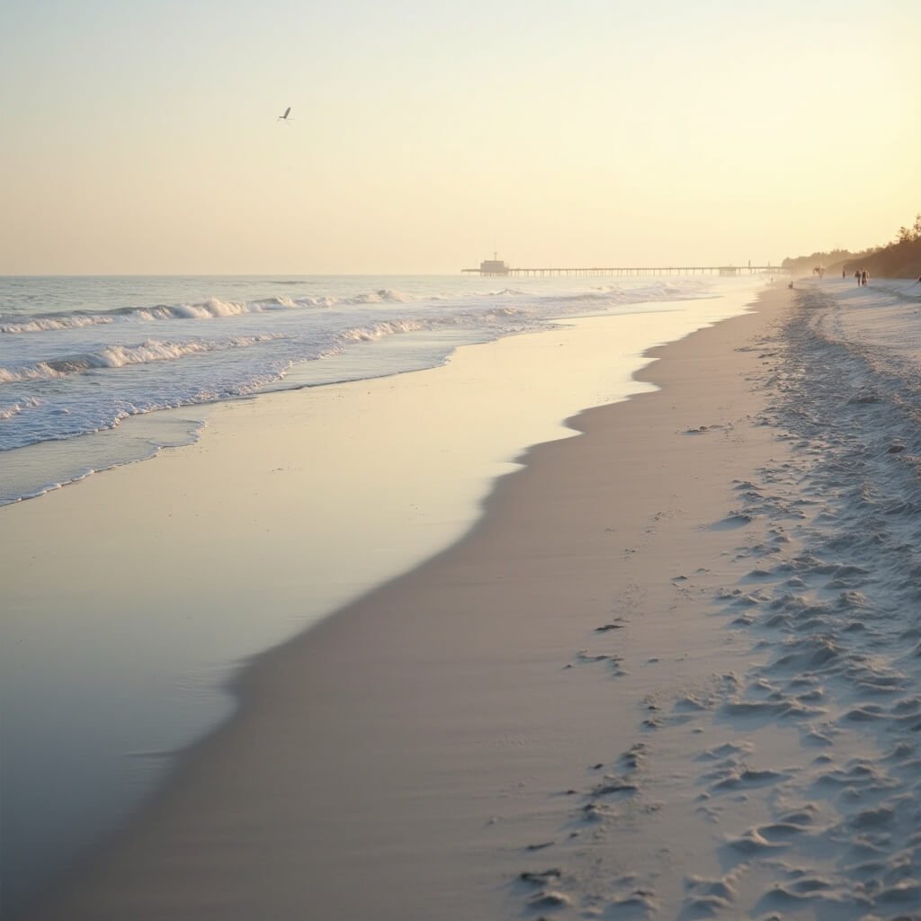 Chill Out in Paradise: Why Jacksonville Beach is Your Secret December Escape Golden morning light casting long shadows on empty Jacksonville Beach in winter with distant pier and calm ocean waves under soft pastel sky