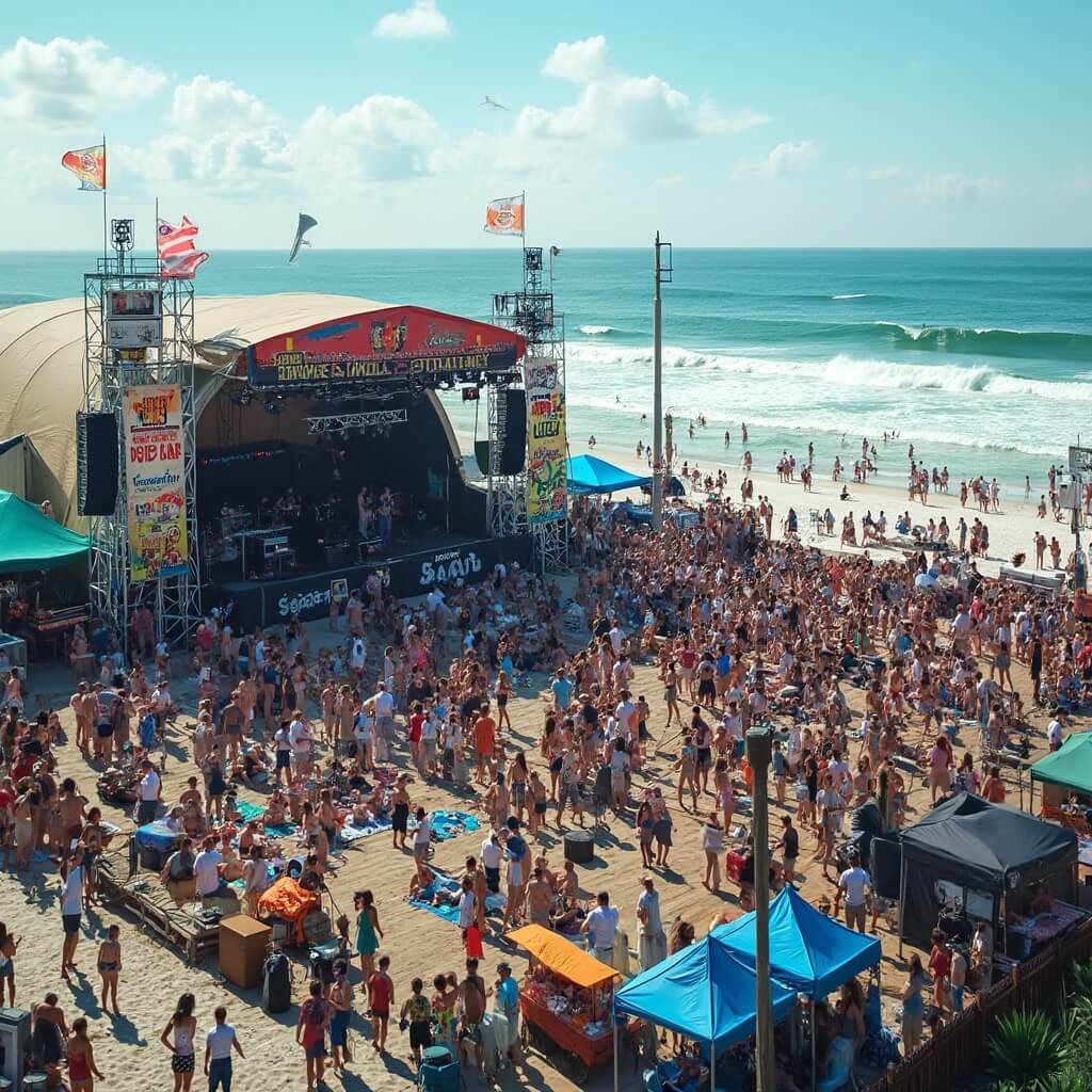Musicians performing at the Springing the Blues Festival in Jacksonville Beach, with people dancing and lounging, food vendors around, and surfers in ocean background.