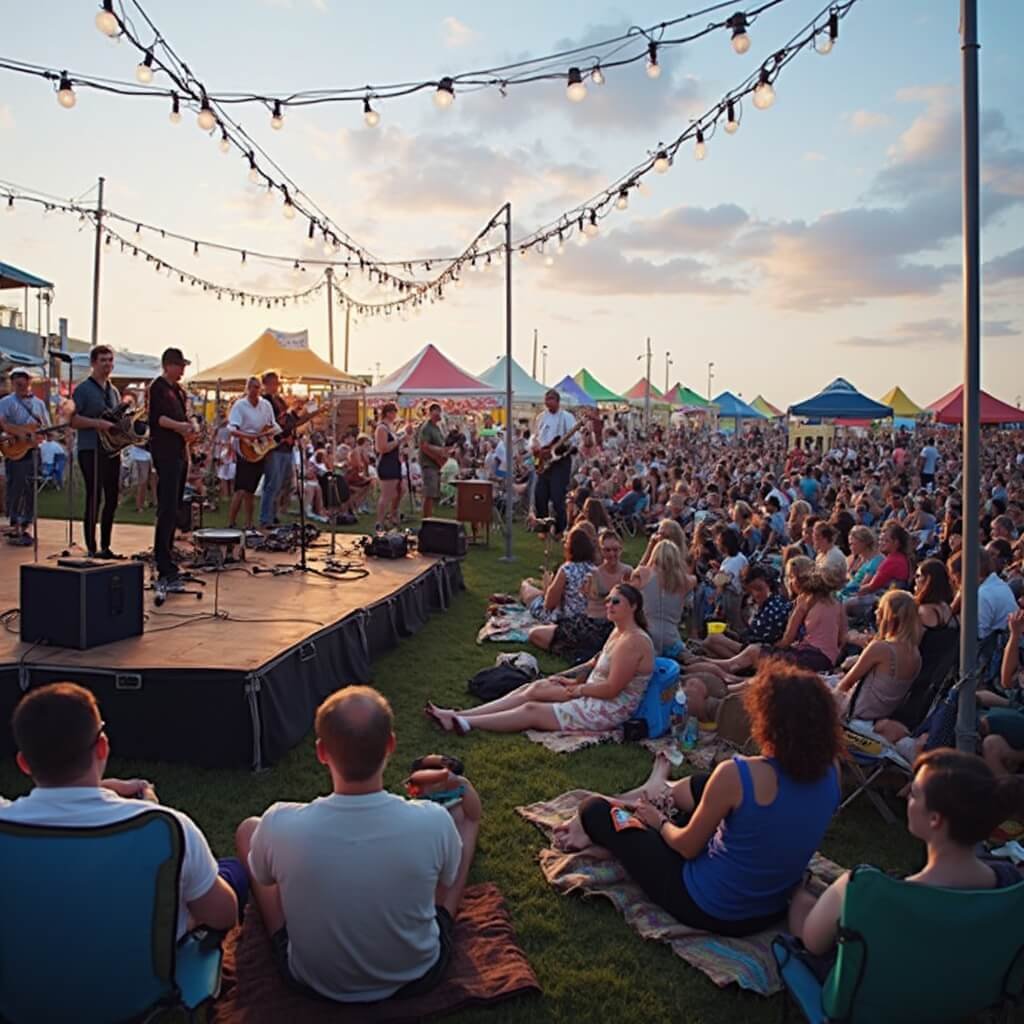 March Magic: Why Jacksonville Beach Is Your Secret Spring Escape (Without the Crowds!) Musicians performing at an outdoor jazz festival in Jacksonville Beach during early evening with audiences on lawn chairs and blankets, vendor tents, and food trucks in the background.