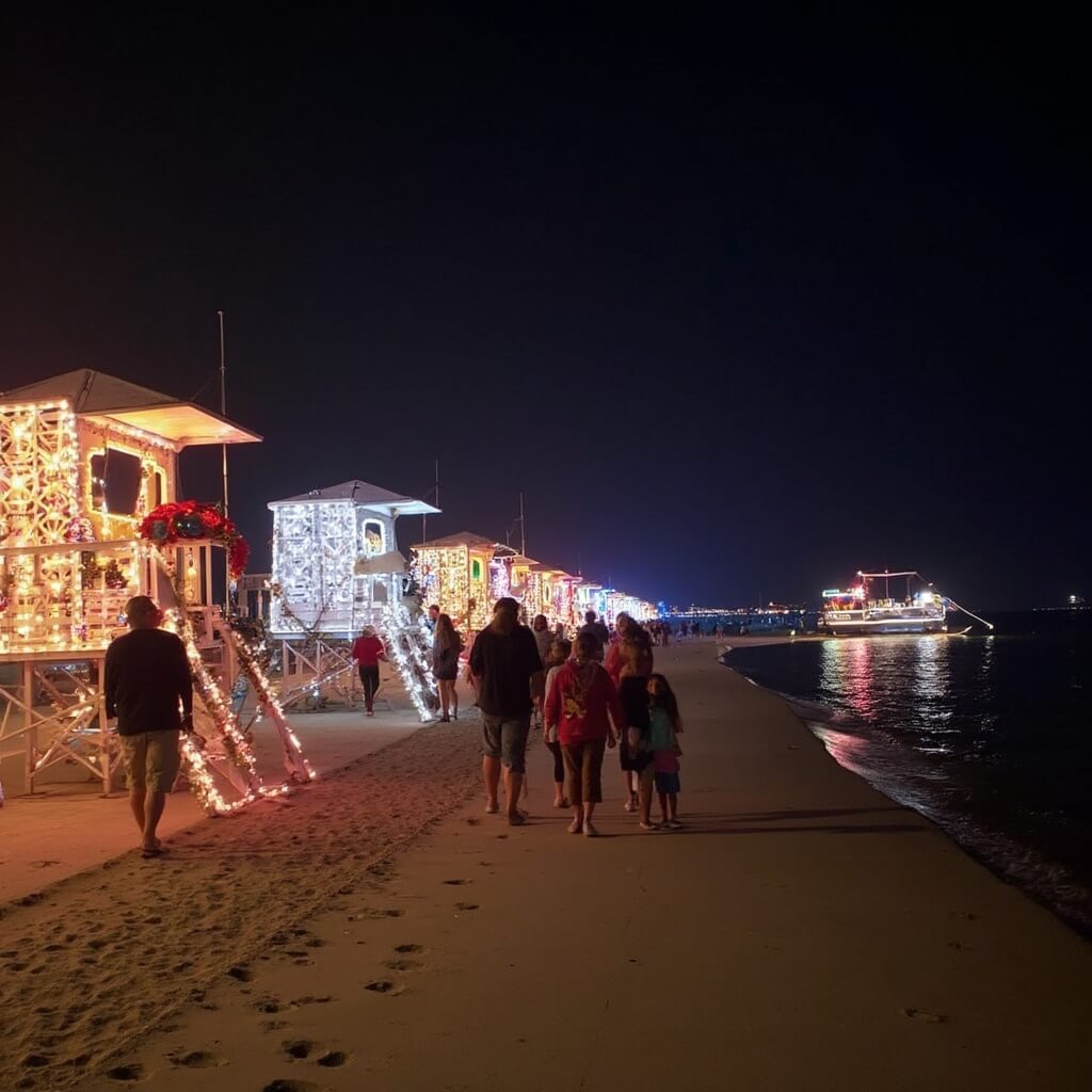 Chill Out in Paradise: Why Jacksonville Beach is Your Secret December Escape Families admiring lifeguard stands decorated with holiday lights at Jacksonville Beach's 'Deck the Chairs' event, with a boat parade visible in the background