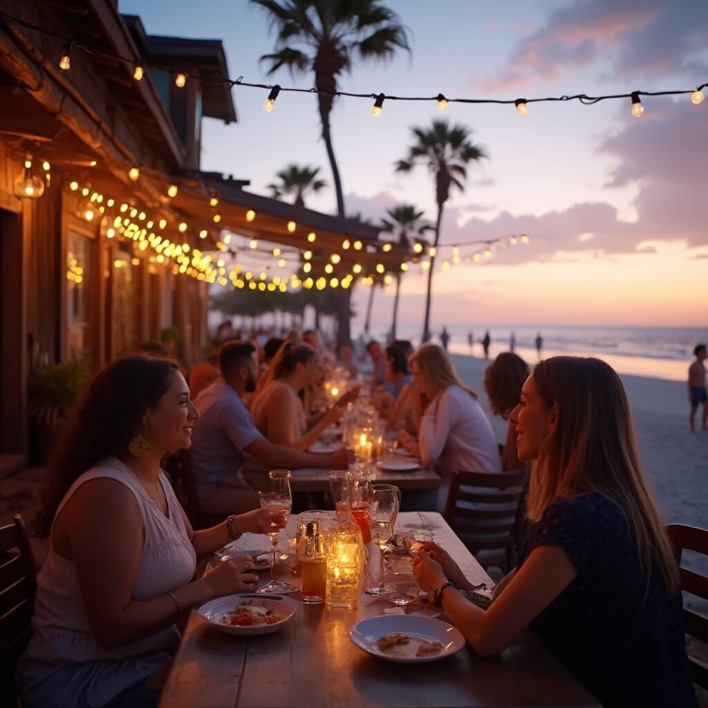 May Magic in Jacksonville Beach: Your Ultimate Weather & Activity Guide Diners enjoying seafood dishes and cocktails at a beachside restaurant's outdoor dining area in Jacksonville Beach, illuminated by fairy lights, against a sunset sky reflecting off the ocean.