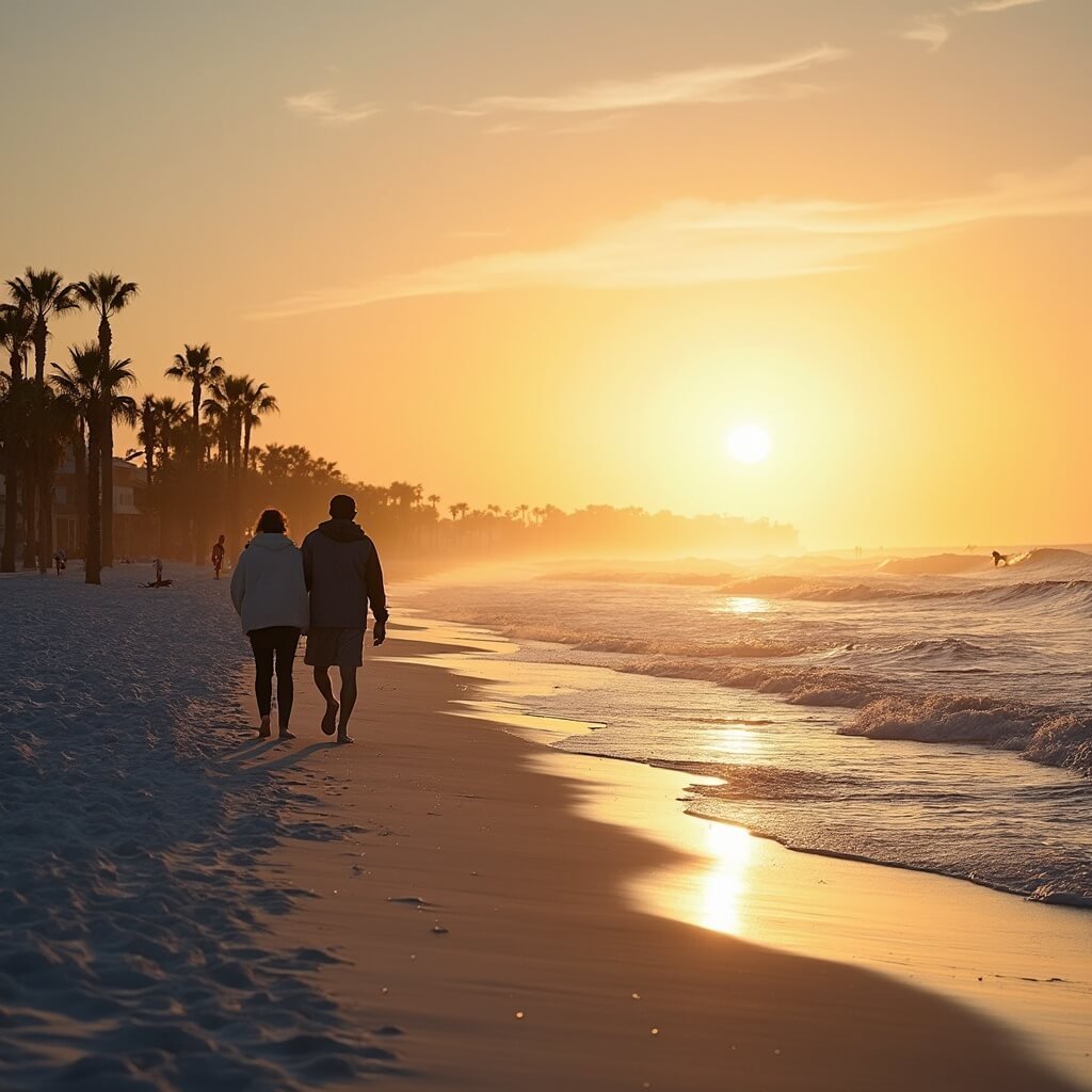 Jacksonville Beach in November: Your Ultimate Guide to Coastal Bliss (Without the Summer Crowds!) Scenic view of Jacksonville Beach at sunset with scattered beachgoers, a couple strolling by the water, and a distant surfer riding a wave.