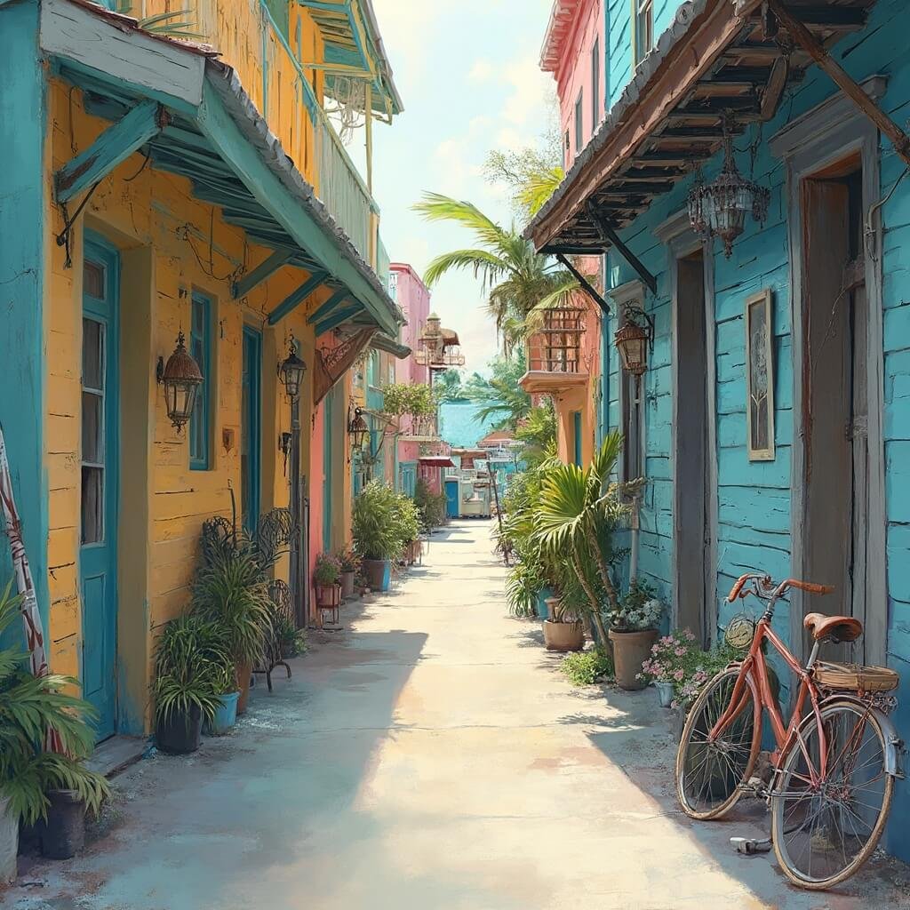 Vintage bicycles leaning against pastel-colored historic houses in an intimate street scene in Key West's artistic neighborhood with no people, morning light and bohemian atmosphere