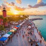 Escape to Paradise: Why Key West in February is Your Ultimate Winter Dream "Aerial view of Old Island Days Art Festival at Key West's Mallory Square during a vibrant February sunset, with tourists browsing vendor booths, landmarks in background, and people enjoying outdoor dining and sunset celebrations at 76°F."