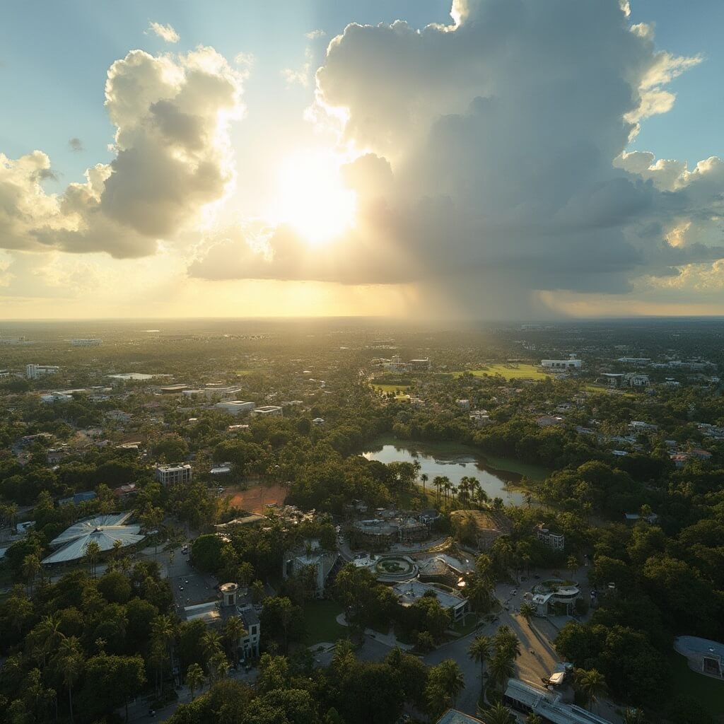 Aerial view of Kissimmee cityscape with palm trees, theme parks, and building thunderclouds under golden sunlight