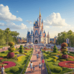 Kissimmee in May: Your Ultimate Weather & Adventure Insider Guide "Aerial view of Kissimmee, Florida featuring Walt Disney World's Cinderella Castle, Epcot's Flower & Garden Festival topiaries, families enjoying summer weather, with visible rainbow mist and temperature display at 85°F"