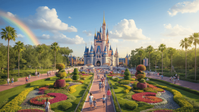 Kissimmee in May: Your Ultimate Weather & Adventure Insider Guide "Aerial view of Kissimmee, Florida featuring Walt Disney World's Cinderella Castle, Epcot's Flower & Garden Festival topiaries, families enjoying summer weather, with visible rainbow mist and temperature display at 85°F"