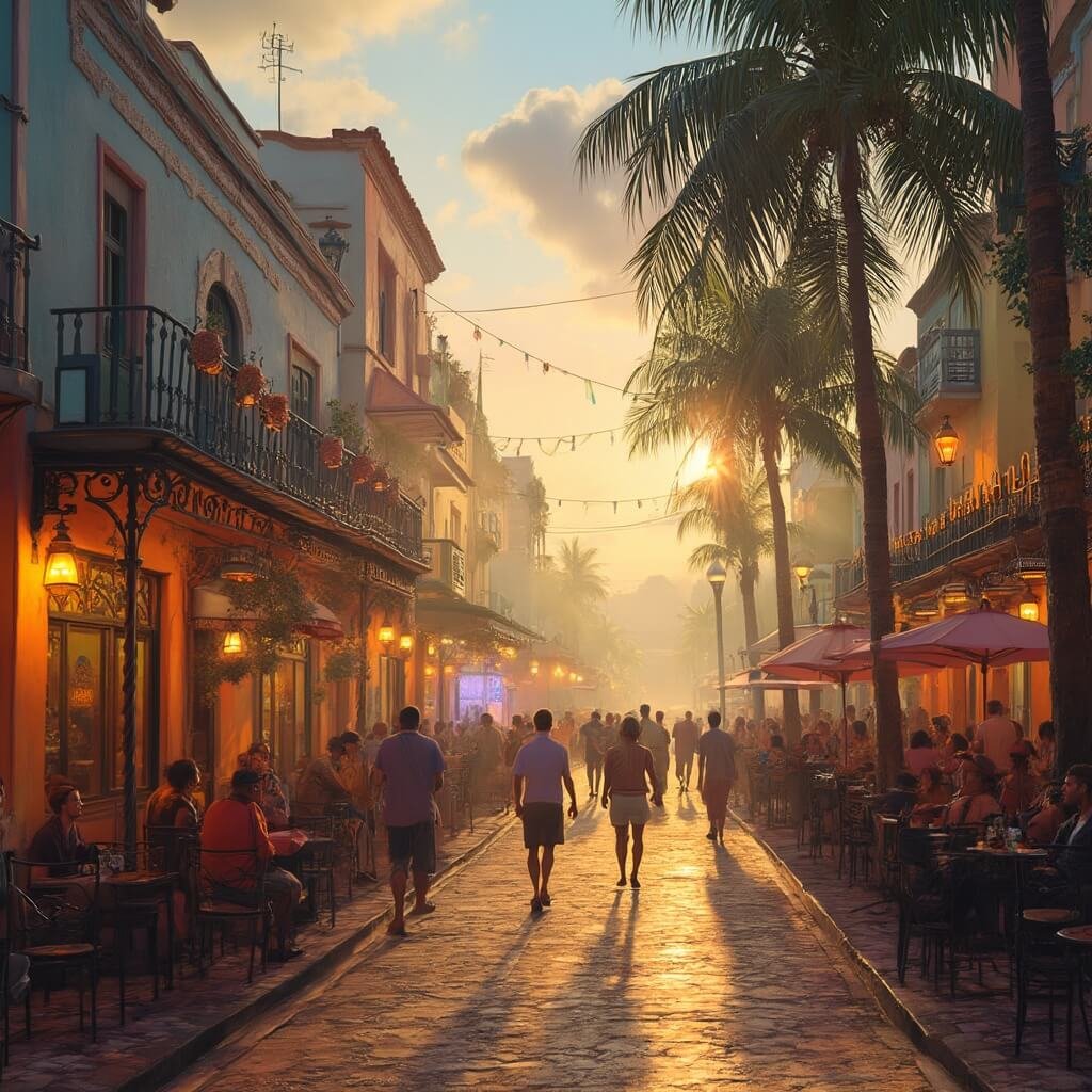 Why Kissimmee in January Will Blow Your Winter Blues Away Downtown Kissimmee street at golden hour, featuring colorful Latin restaurants, busy outdoor dining areas, diverse crowd, traditional Spanish colonial architecture, rising steam from food plates and street musicians