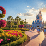 Kissimmee in April: Your Ultimate Spring Escape Guide That Nobody's Talking About! "Vibrant spring scene in Kissimmee, Florida, featuring blooming azaleas, colorful topiary sculptures, Disney Castle silhouettes, families strolling in light spring attire, a temperature display reading 72°F, golden hour lighting at sunset, lush landscapes, theme park attractions in the distance, and clear sunny sky with wispy white clouds."
