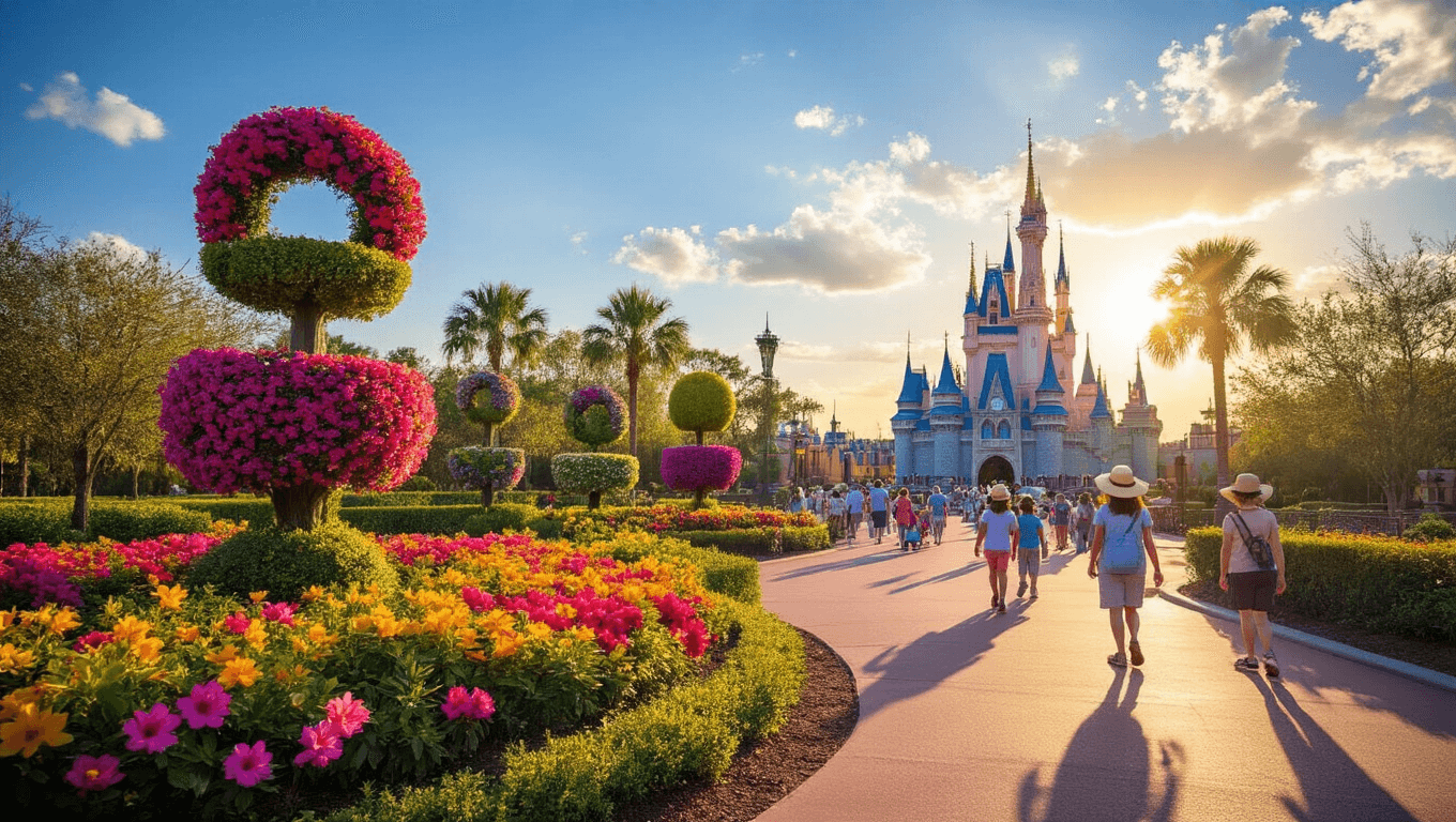 "Vibrant spring scene in Kissimmee, Florida, featuring blooming azaleas, colorful topiary sculptures, Disney Castle silhouettes, families strolling in light spring attire, a temperature display reading 72°F, golden hour lighting at sunset, lush landscapes, theme park attractions in the distance, and clear sunny sky with wispy white clouds."