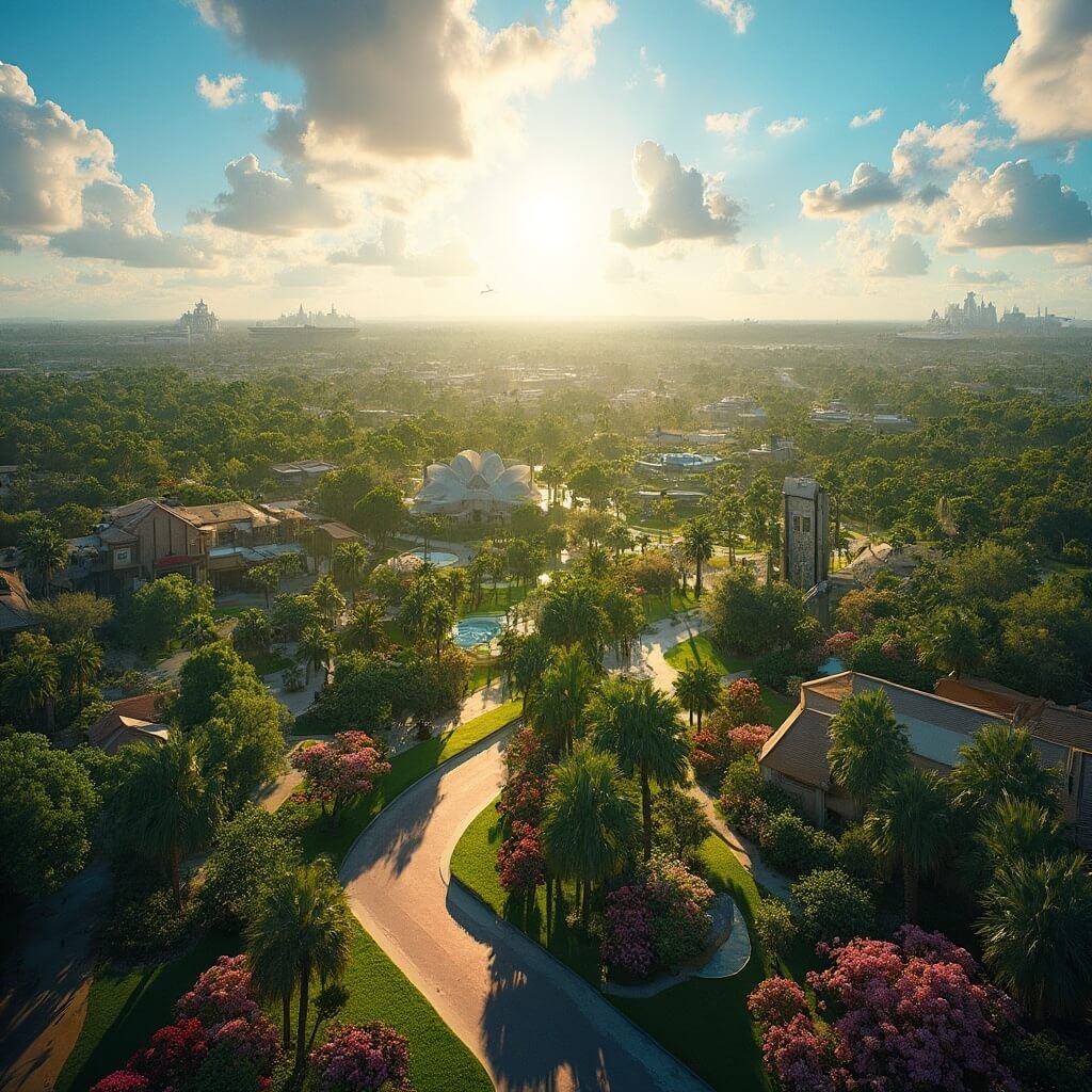 Kissimmee in April: Your Ultimate Spring Escape Guide That Nobody's Talking About! Aerial view of Kissimmee, Florida in spring with lush palm trees, blooming azaleas, warm golden sunlight, blue skies, rolling terrain, manicured gardens, and distant theme park silhouettes