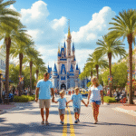 Why Kissimmee in February is Your Ultimate Winter Escape (Without the Winter Chill) "Family enjoying a sunny day in Kissimmee, Florida with Cinderella Castle in the background, amidst outdoor activities, lush greenery, and Mardi Gras decorations under a 73°F weather."