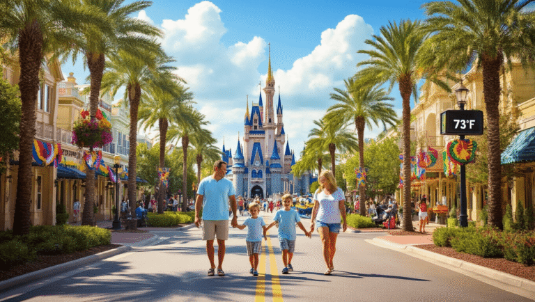 Why Kissimmee in February is Your Ultimate Winter Escape (Without the Winter Chill) "Family enjoying a sunny day in Kissimmee, Florida with Cinderella Castle in the background, amidst outdoor activities, lush greenery, and Mardi Gras decorations under a 73°F weather."