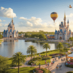 Kissimmee in March: Your Ultimate Spring Break Paradise Revealed! "Aerial view of Kissimmee, Florida in spring, featuring Disney World, Universal Orlando resort, hot air balloons, Kissimmee Lakefront Park, families outdoors, temperature at 79°F, festival venues, and Florida's natural beauty"