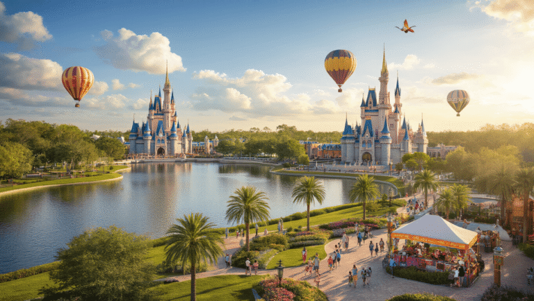 Kissimmee in March: Your Ultimate Spring Break Paradise Revealed! "Aerial view of Kissimmee, Florida in spring, featuring Disney World, Universal Orlando resort, hot air balloons, Kissimmee Lakefront Park, families outdoors, temperature at 79°F, festival venues, and Florida's natural beauty"